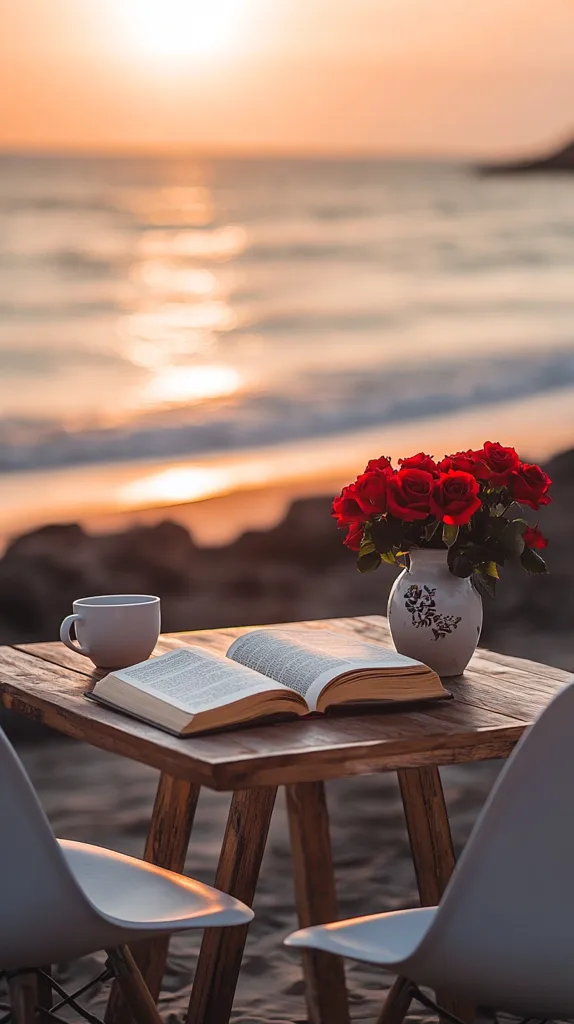 A tranquil beach scene at sunset. A small wooden table holds an open book, a mug, and a vase of red roses. Two white chairs flank the table, facing the ocean. The warm sunset light casts a golden glow on the scene, creating a peaceful and serene atmosphere. The image evokes a sense of calm and relaxation.