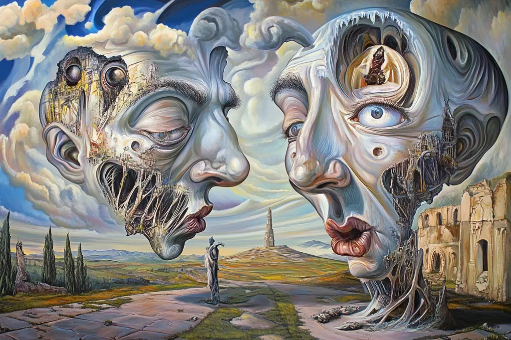 Two colossal, surreal faces dominate a landscape painting, their forms decaying yet intricately detailed.  One face appears weary, the other astonished.  Internal structures resemble crumbling architecture, contrasting with a serene, classical countryside. A solitary figure stands between them, adding to the dreamlike, enigmatic quality of the scene.  The sky is a swirling mix of blues and whites.