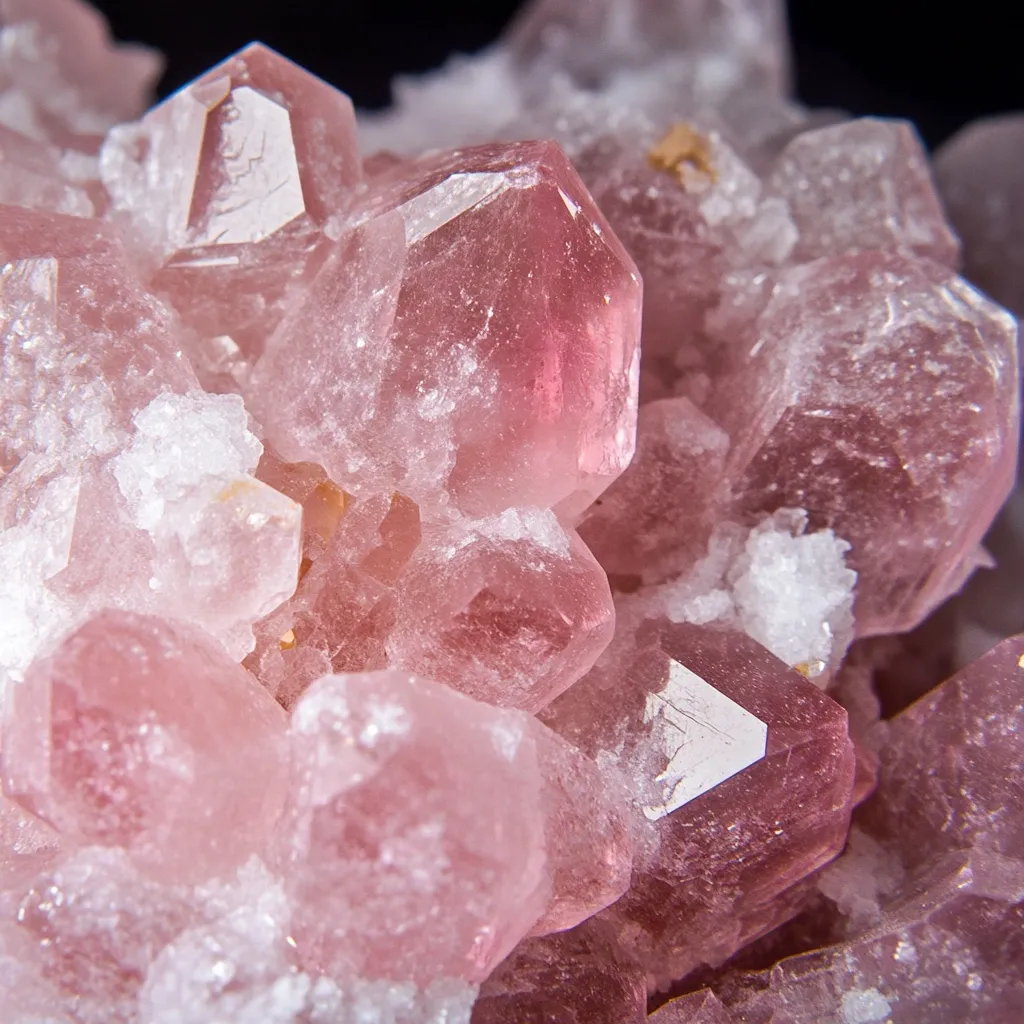 A close-up shot reveals a cluster of pink crystals, possibly rose quartz or a similar mineral.  The crystals are multifaceted and translucent, with a subtle, frosty texture.  Smaller, white crystalline formations are interspersed between the larger pink crystals, adding contrast and depth to the overall composition. The dark background emphasizes the vibrant color of the pink mineral cluster.