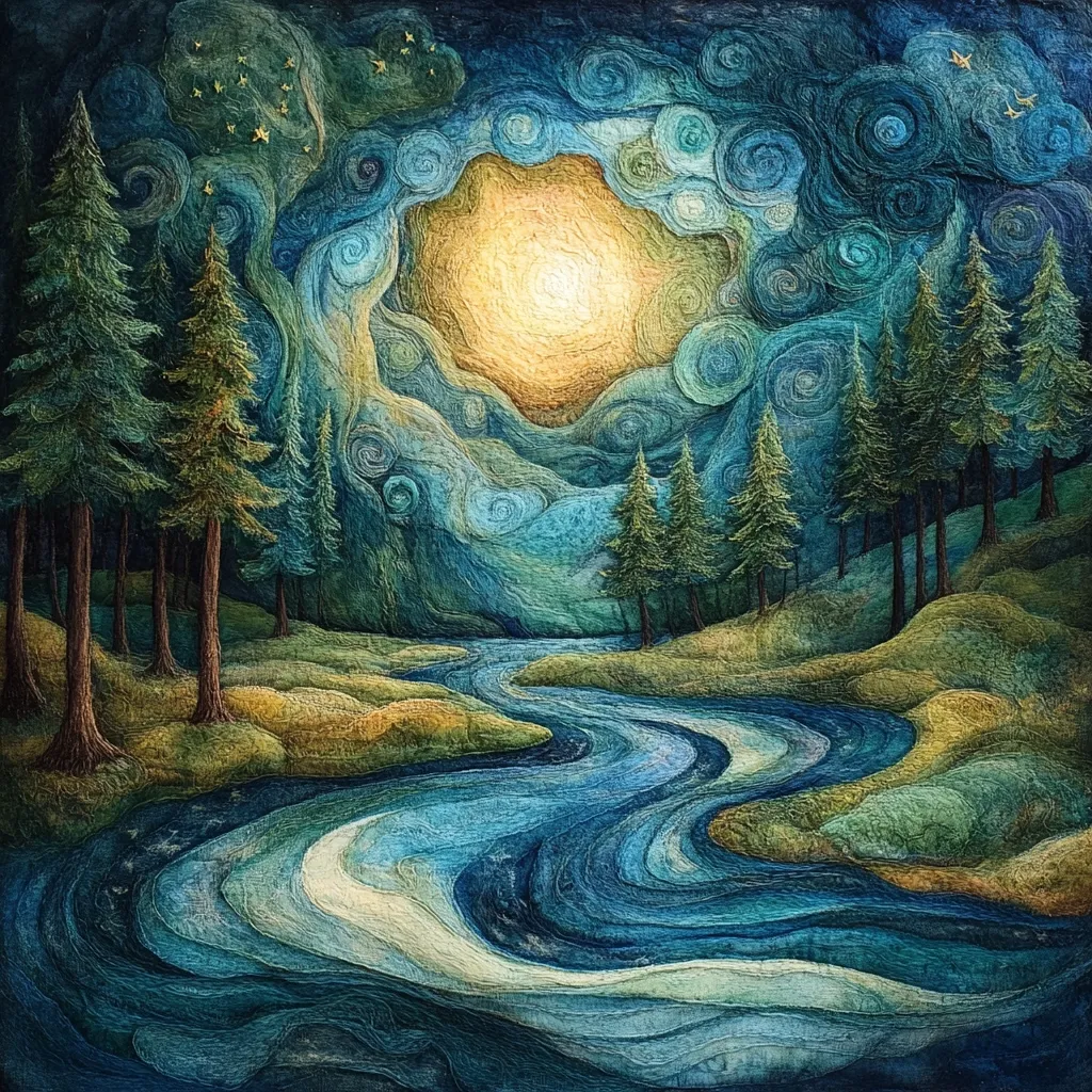 A whimsical, nighttime landscape unfolds, rendered in textured, swirling wool. A luminous yellow sun dominates the sky, encircled by swirling blues and greens. A meandering river flows through a serene forest of evergreen trees, their silhouettes dark against the bright celestial backdrop.  The piece evokes a dreamlike, peaceful atmosphere, with meticulous detail in the texture and color.