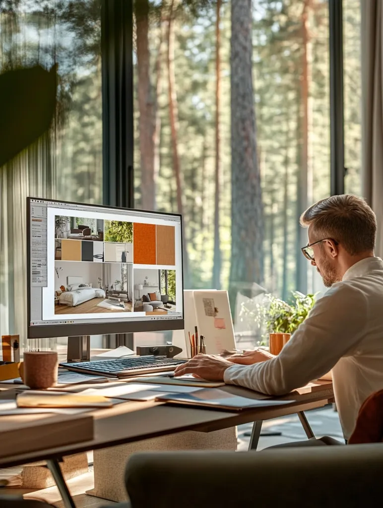 A man sits at a desk in front of a large computer monitor displaying interior design images.  He's working, his hands on the keyboard and mouse. The workspace is modern and minimalist, situated by a large window overlooking a lush green forest. Natural light streams in, creating a serene atmosphere. The overall scene suggests a professional interior designer at work.