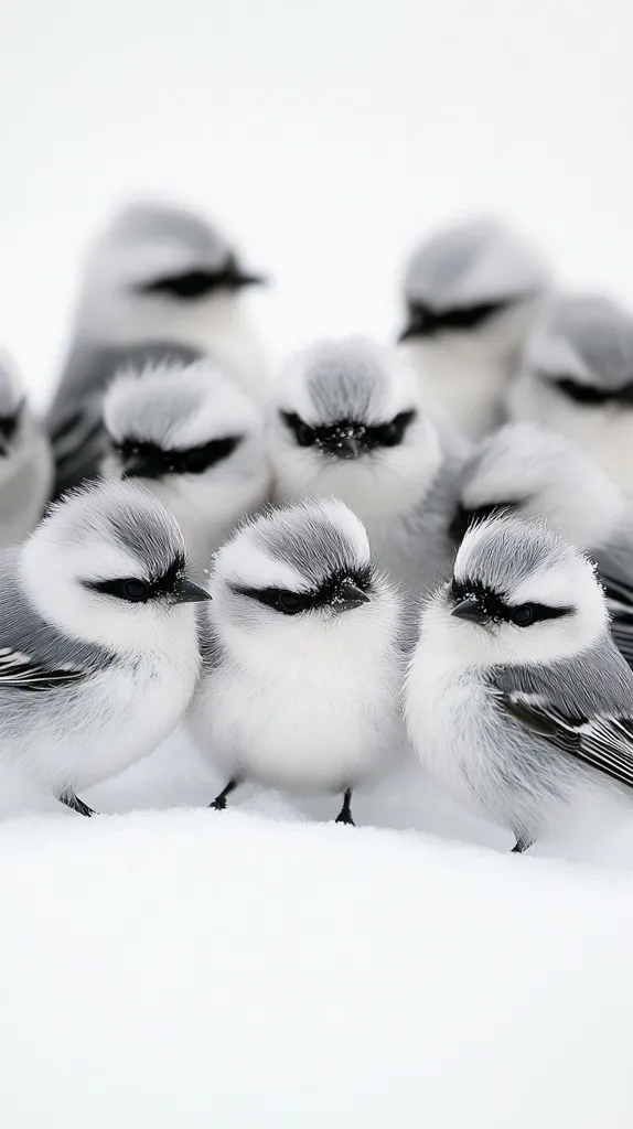 A group of small, fluffy grey and white birds huddle together in the snow.  Their plumage is primarily white with grey accents on their heads and wings.  The birds appear to be nestled closely for warmth, creating a charming winter scene.  The stark white snow provides a beautiful contrast to their soft feathers.