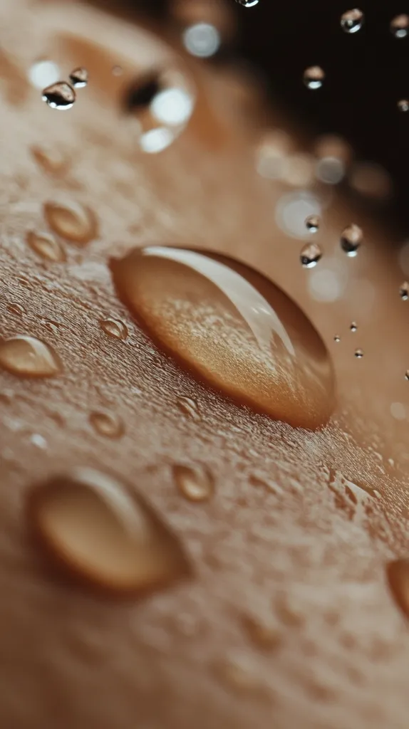 A close-up shot reveals numerous water droplets on a textured, light brown surface.  The droplets vary in size, with one large, prominent drop in the center reflecting light.  Smaller droplets are scattered across the background, creating a sense of moisture and texture. The overall tone is warm and inviting.  The focus is shallow, blurring the background and emphasizing the water droplets.