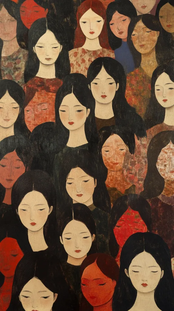 A stylized painting depicts a multitude of women's faces, closely clustered together.  The women have dark hair and pale skin, rendered in a simplified, almost mask-like style.  The color palette is muted with earth tones and pops of red, creating a sense of both intimacy and anonymity.  The overall effect is one of collective identity and quiet contemplation.