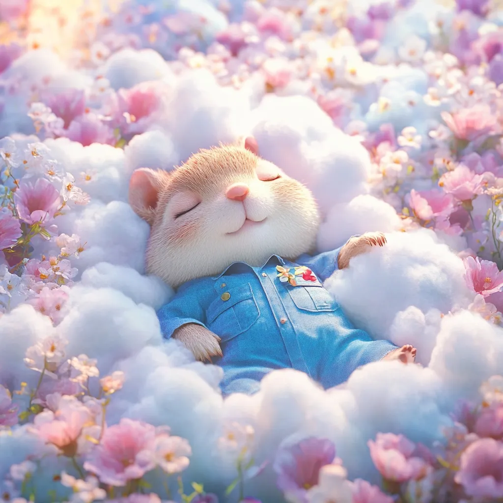A cute, cartoon hamster, wearing a denim shirt, peacefully sleeps nestled in a bed of fluffy white clouds.  Delicate pink and white flowers surround the cloud bed, creating a serene and whimsical scene.  The hamster's expression is one of contentment, enhancing the overall dreamy atmosphere of the image.