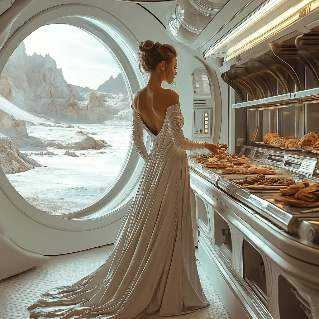 A woman in a long, flowing, off-the-shoulder gown stands before a futuristic food display.  The dress is light beige, and her back is visible. She is reaching for pastries.  A large porthole window behind her reveals a desolate, rocky landscape and a calm body of water. The overall aesthetic is clean, minimalist, and futuristic.