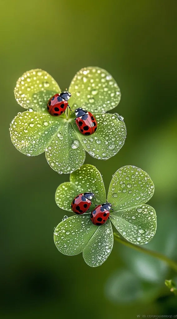 Four ladybugs are perched on two vibrant green clover leaves, glistening with morning dew. The leaves are richly detailed, showcasing the water droplets clinging to their surfaces.  The bright red and black of the ladybugs contrast beautifully with the fresh green of the foliage, creating a stunning image of nature's delicate beauty.  The background is a soft, out-of-focus green, emphasizing the focus on the insects and their verdant resting place.