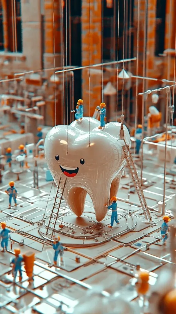 A whimsical 3D rendering depicts a giant, smiling tooth under construction.  Miniature construction workers, wearing hard hats and blue overalls, use ladders and scaffolding to work on the tooth's surface. The scene is detailed, with intricate scaffolding and a complex, city-like background. The overall style is playful and imaginative, suggesting a concept of dental care or the human body.