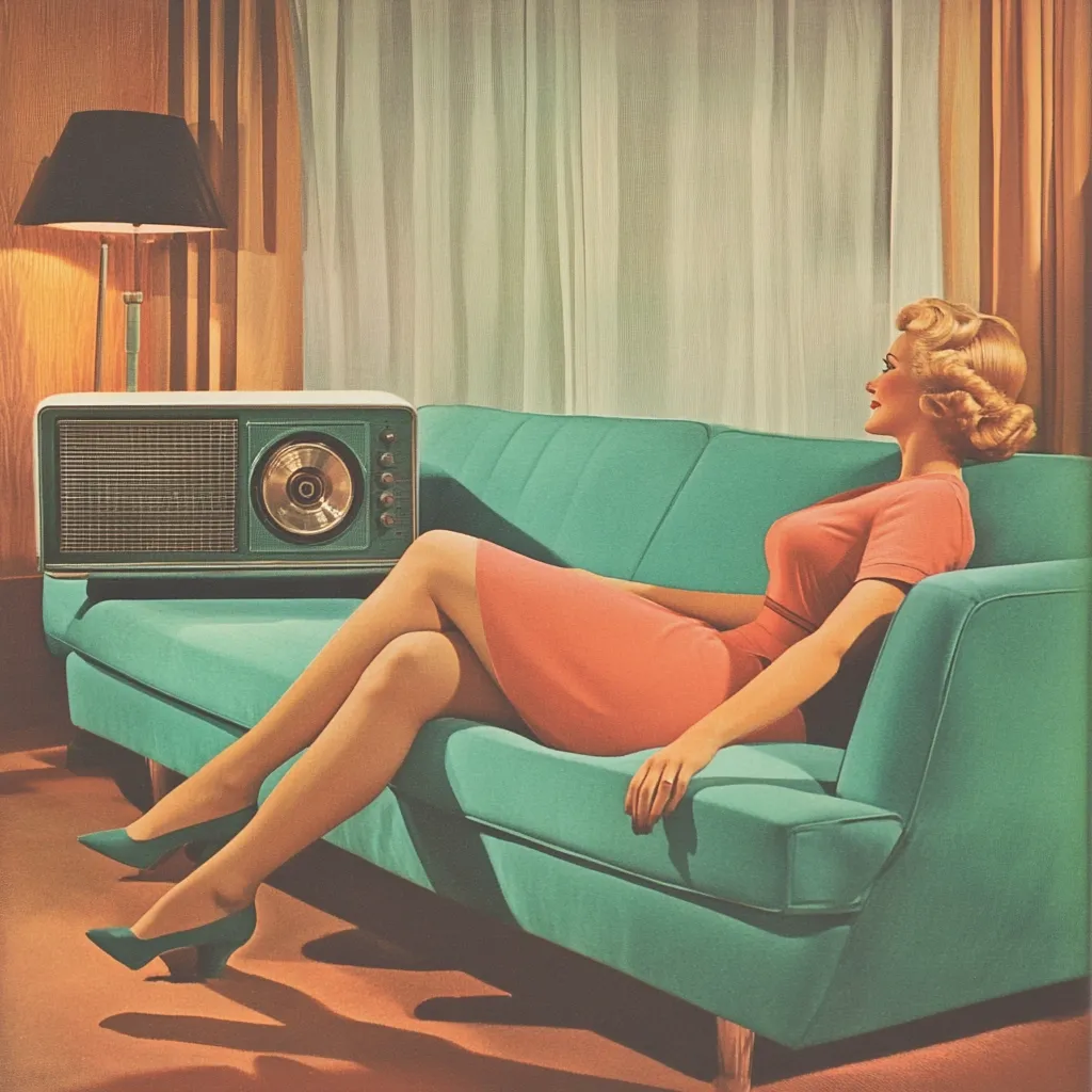 A blonde woman in a coral dress lounges on a teal sofa, her legs elegantly crossed.  A vintage, teal and white radio sits on the sofa's armrest.  The setting is a mid-century modern living room with sheer curtains and a floor lamp. The overall aesthetic is one of relaxed sophistication and retro charm.