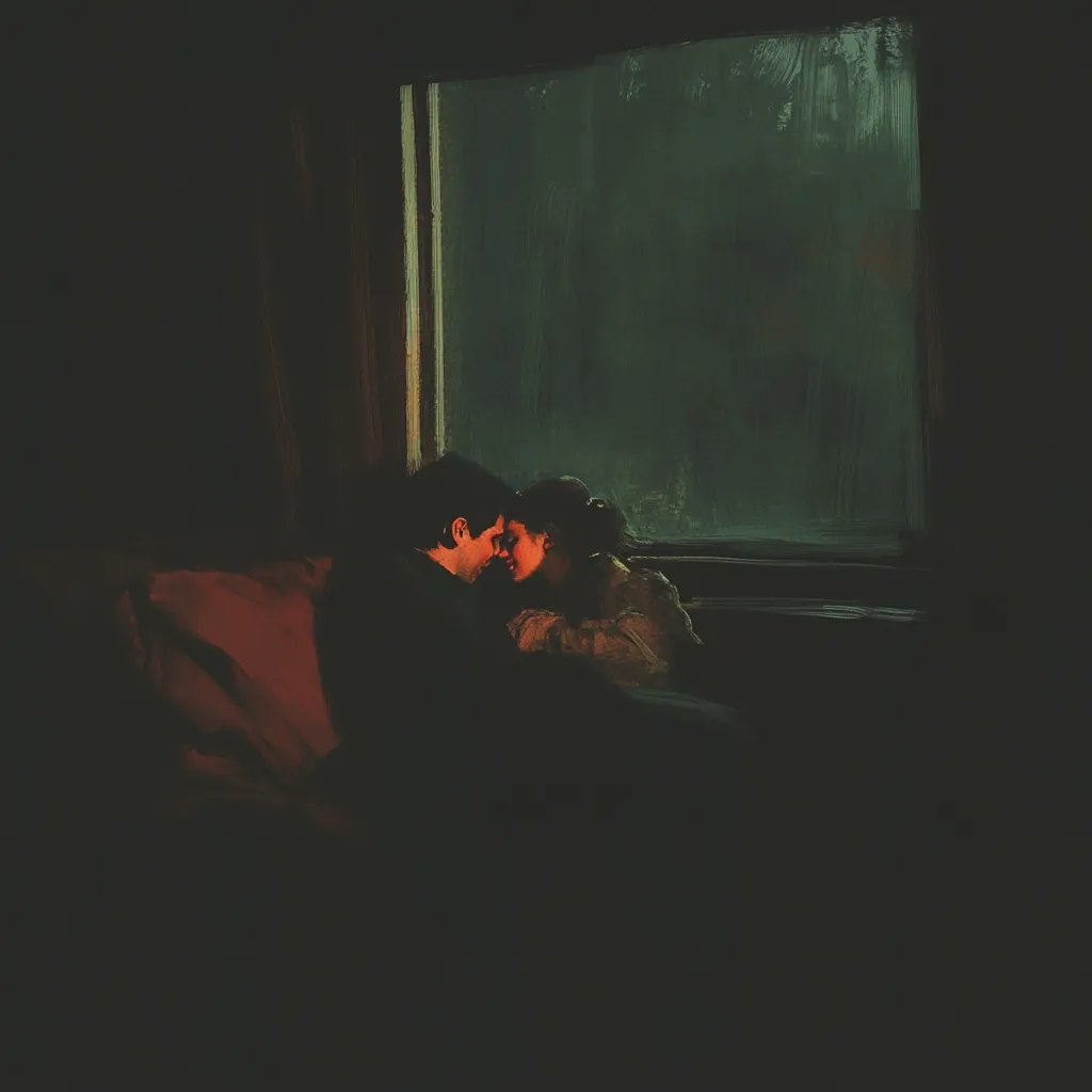 A painting depicts a couple embracing intimately, their foreheads touching.  Bathed in soft, warm light, they sit nestled together near a window overlooking a dark, possibly stormy, landscape.  The overall mood is one of quiet intimacy and solitude, enhanced by the dimly lit room and the muted colors. The focus is on the closeness of the couple, their connection palpable in the darkness.