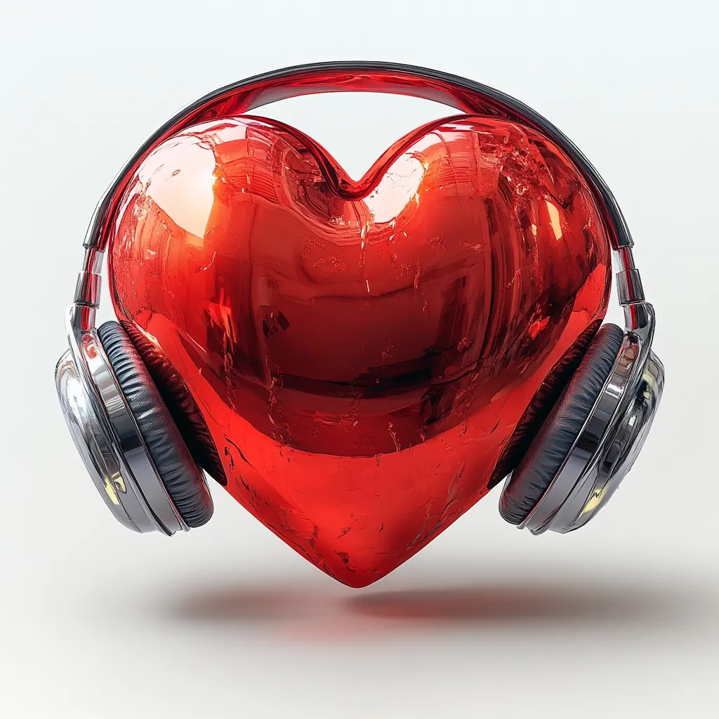 A shiny red heart, rendered in a three-dimensional style, is adorned with black over-ear headphones.  The heart's reflective surface shows subtle texturing, suggesting a metallic or glass-like material.  The headphones are positioned to encompass the heart, creating a visual metaphor for the emotional connection and passion often associated with music and love. The overall image is clean and minimalist, set against a plain white background.