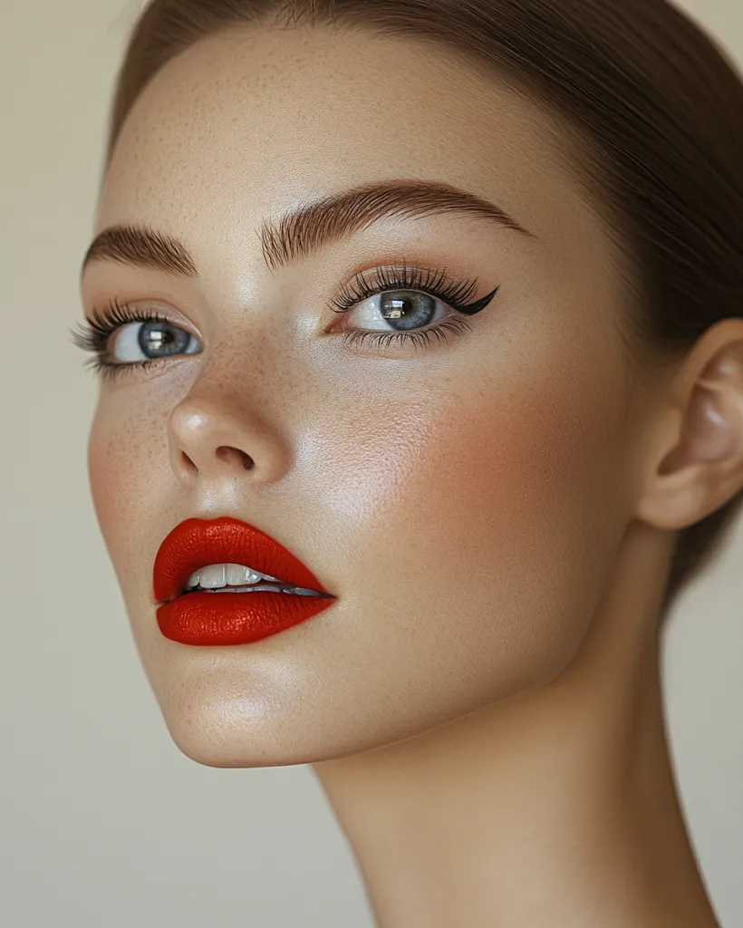 Close-up of a woman's face, showcasing flawless skin with subtle freckles.  Her makeup features defined brows, winged eyeliner, and a bold red lipstick.  The lighting accentuates her features, creating a radiant and glamorous look. Her hair is pulled back, highlighting her clean, sculpted cheekbones and jawline.  The overall impression is one of sophisticated beauty.