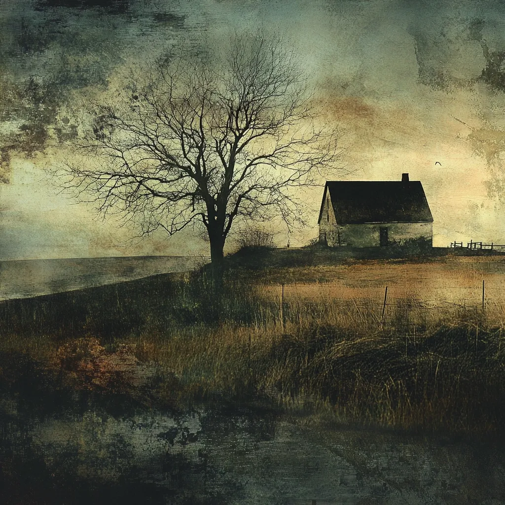 A solitary farmhouse stands on a windswept hill, overlooking a calm body of water. A barren tree dominates the foreground, its branches reaching towards a muted sky.  The scene is rendered in somber, earthy tones, creating a mood of quiet isolation and melancholic beauty.  A textured, almost painterly effect adds to the atmospheric depth.