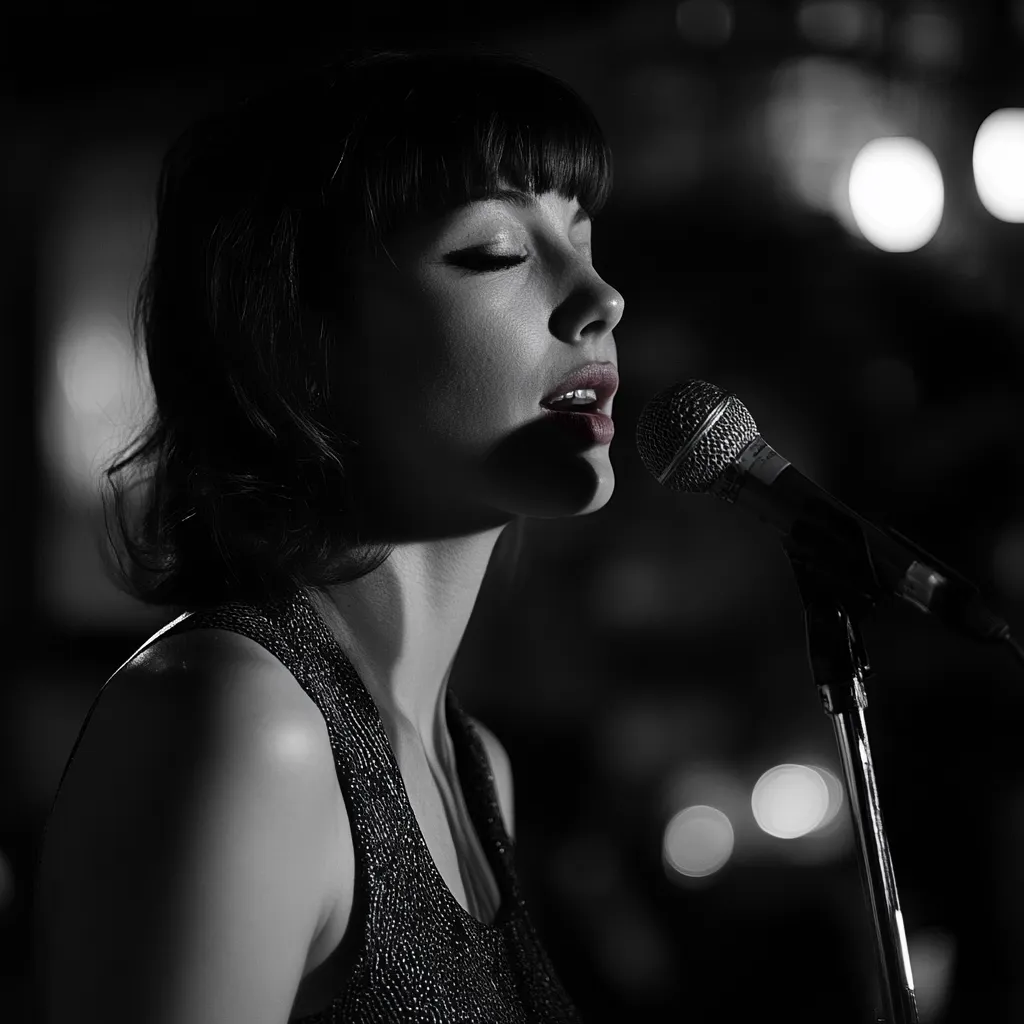 A black and white close-up captures a female singer, eyes closed, passionately performing into a microphone.  Her bobbed hair and sleeveless top are visible.  The dimly lit background suggests an intimate concert setting, with blurred lights hinting at a larger audience. The image emphasizes the raw emotion and intensity of her performance.