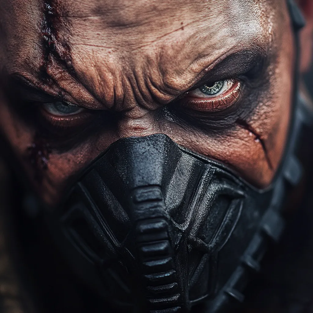 A close-up shot reveals a man's intense gaze from behind a dark, textured mask.  His face is weathered, bearing scars that add to his harsh expression.  His eyes, sharp and piercing, convey anger and determination. The image's dark tones and focus on the man's face create a dramatic and gritty atmosphere.
