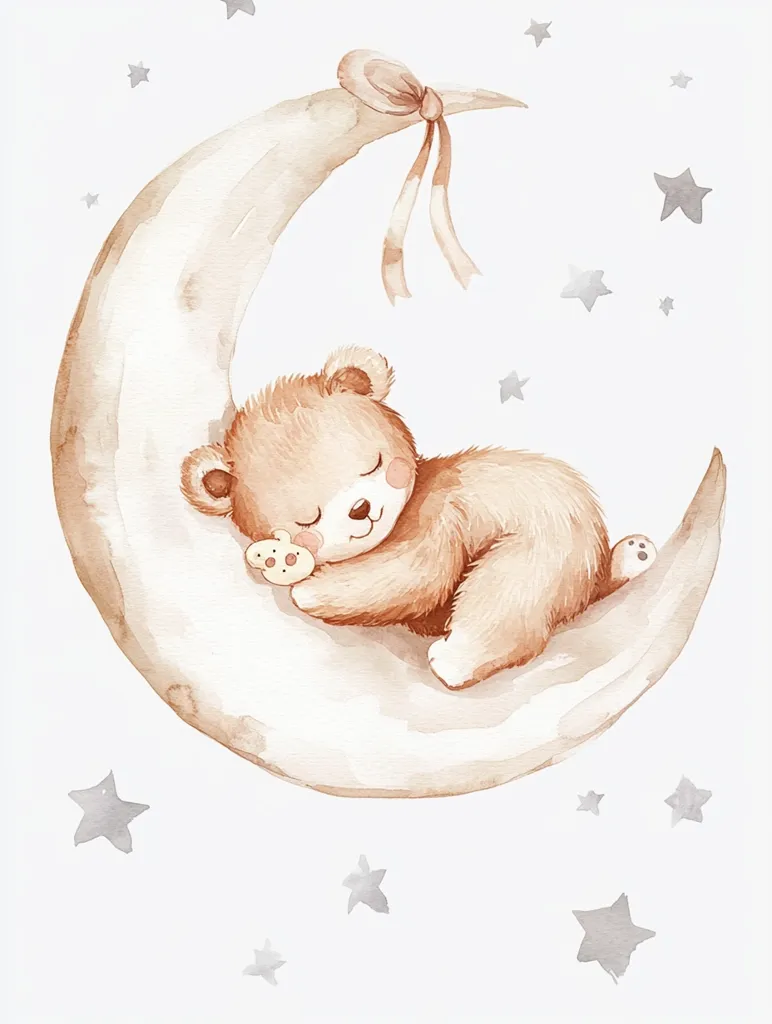A watercolor illustration depicts a cute brown teddy bear nestled asleep on a crescent moon.  The moon is adorned with a delicate ribbon.  Small, gray stars are scattered across a light beige background, creating a serene and dreamy nighttime scene, perfect for children's decor or nursery art. The overall style is gentle and whimsical.
