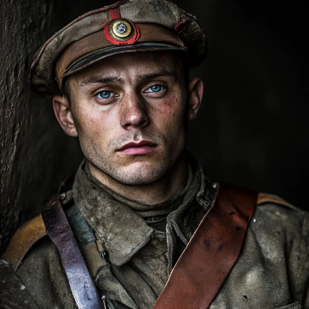 A close-up portrait of a young soldier, his face etched with weariness. He wears a worn, olive-green uniform and a peaked cap adorned with a red insignia, suggesting a military rank.  His gaze is direct, conveying a sense of solemnity and perhaps the weight of experience. The dark background accentuates his features and the texture of his clothing, hinting at a harsh and challenging environment.  Dirt and grime are visible on his uniform, adding to the image's realism.