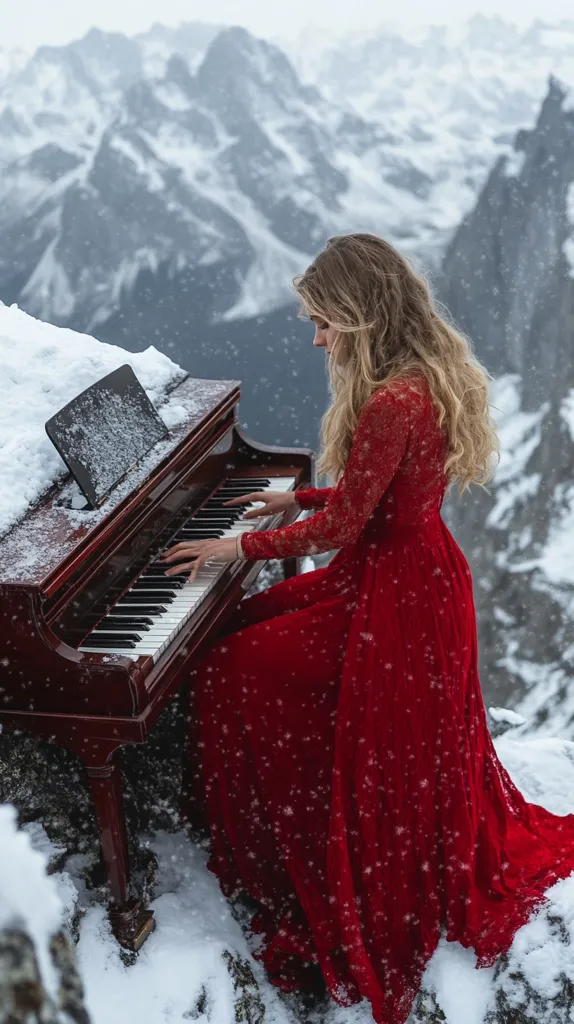 A woman in a long red dress plays a grand piano perched on a snow-covered mountaintop.  Snow falls softly around her as she plays, the majestic, snow-capped peaks forming a breathtaking backdrop. The scene evokes a sense of serene beauty and isolation, a solitary moment of musical expression in a stunning natural setting.
