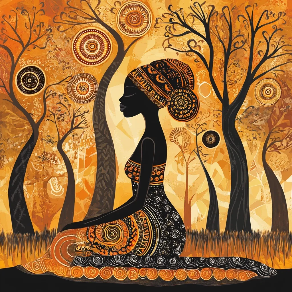A stylized artwork depicts a black woman in profile, seated amidst a forest of abstract, orange-toned trees.  She wears an intricately patterned headwrap and dress, adorned with swirling and geometric designs. The overall style is reminiscent of African art, using bold silhouettes and rich, earthy colors.  The background is textured, suggesting a blend of natural and artistic elements. The image evokes a sense of serenity and cultural richness.