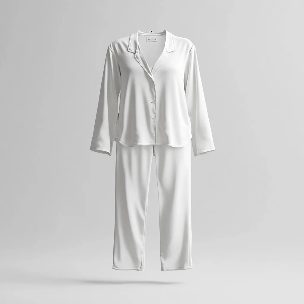 A minimalist image showcases a women's white pajama set against a light gray backdrop.  The set includes a collared, long-sleeved shirt and loose-fitting pants, both crafted from a smooth, possibly silk-like material. The simple design and clean lines emphasize the garment's understated elegance.  The pajamas appear to be floating slightly above the surface.