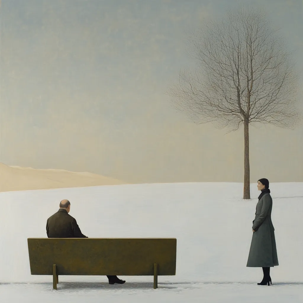 A minimalist painting depicts a man sitting on a bench and a woman standing apart in a snowy, desolate landscape.  A bare tree stands between them under a pale sky. The figures are small and isolated, creating a sense of distance and emotional separation. The muted color palette reinforces the feeling of quiet contemplation and solitude.