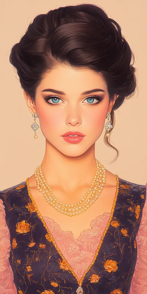 A digital painting of a beautiful woman with dark brown hair styled in an updo.  She wears a dark, floral-embroidered vest over a pale pink lace top.  A triple-strand pearl necklace and dangling earrings complete her elegant attire. Her makeup is subtly applied, emphasizing her striking blue eyes. The overall style evokes a classic, perhaps vintage, aesthetic.