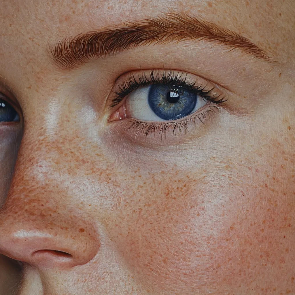 A close-up of a person's face, focusing on their eye and the surrounding skin.  The individual has fair skin with numerous freckles, and their eye is a striking blue.  The detail is incredibly realistic, highlighting the texture of the skin and the fine hairs around the eye.  The image evokes a sense of natural beauty and intimacy.