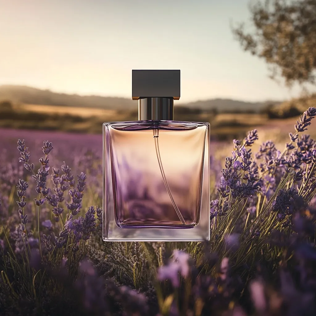 A rectangular bottle of perfume sits amidst a field of lavender at sunset.  The glass bottle is filled with a light purple liquid, and the cap is a dark, square shape. The warm light of the setting sun casts a soft glow on the scene, creating a serene and idyllic atmosphere. The image evokes a sense of tranquility and the fragrance of lavender.