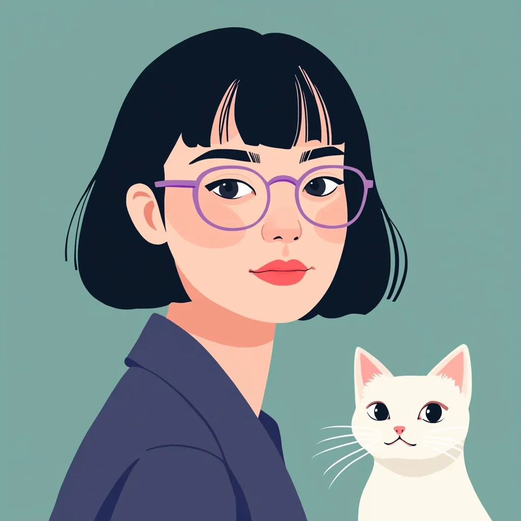 A stylized illustration depicts a young woman with short black hair and purple-framed glasses.  She has a calm expression and is wearing a dark jacket.  Beside her sits a small, white cat with large, expressive eyes. The color palette is muted and the style is minimalist, creating a serene and appealing image.
