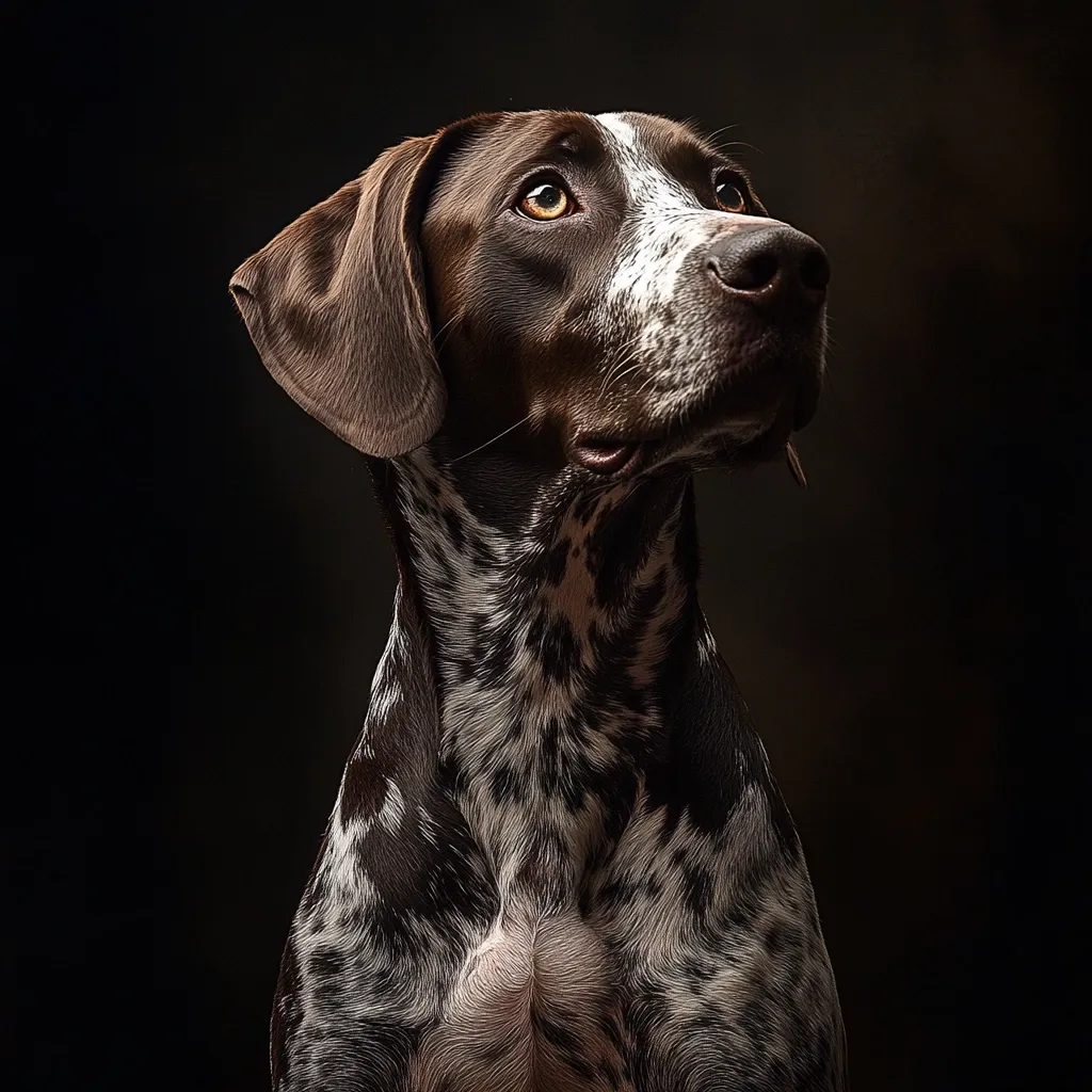 A striking close-up portrait of a German Shorthaired Pointer dog.  The dog's brown and white ticked coat is detailed, its expressive eyes gazing upward.  The dark background accentuates the dog's features, creating a dramatic and elegant image.  The focus is sharp, highlighting the texture of its fur and the intensity of its gaze.