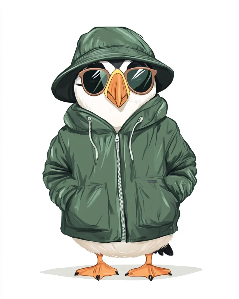 A stylish puffin is depicted wearing a green hooded jacket, bucket hat, and sunglasses.  The puffin stands with hands in pockets, exhibiting a cool and fashionable demeanor. The illustration is crisp and clean, with a focus on detail in the clothing and the bird's features.  The overall style is contemporary and playful.