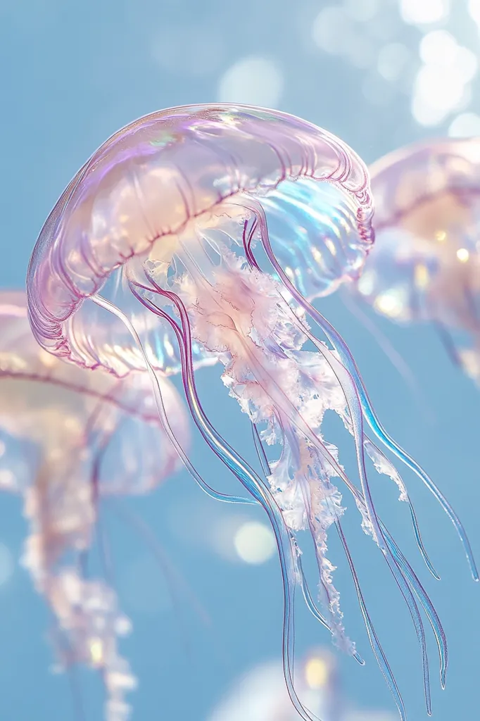 A breathtaking close-up captures a translucent jellyfish, its bell shimmering with iridescent pink and purple hues.  Long, delicate tentacles trail gracefully below, creating an ethereal underwater scene.  The background is a soft, light blue, enhancing the jellyfish's delicate beauty.  Other jellyfish are visible in the soft-focus background, adding depth to the image.