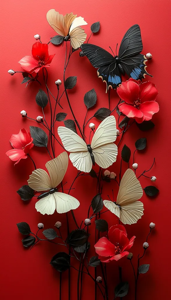 A vibrant red background showcases an artful arrangement of paper butterflies and flowers.  Cream-colored and black butterflies are delicately positioned amongst crimson blossoms and dark, stylized foliage. The composition suggests a handcrafted aesthetic, with the paper elements creating a three-dimensional effect.  The contrast between the colors and the intricate details creates a visually striking image.