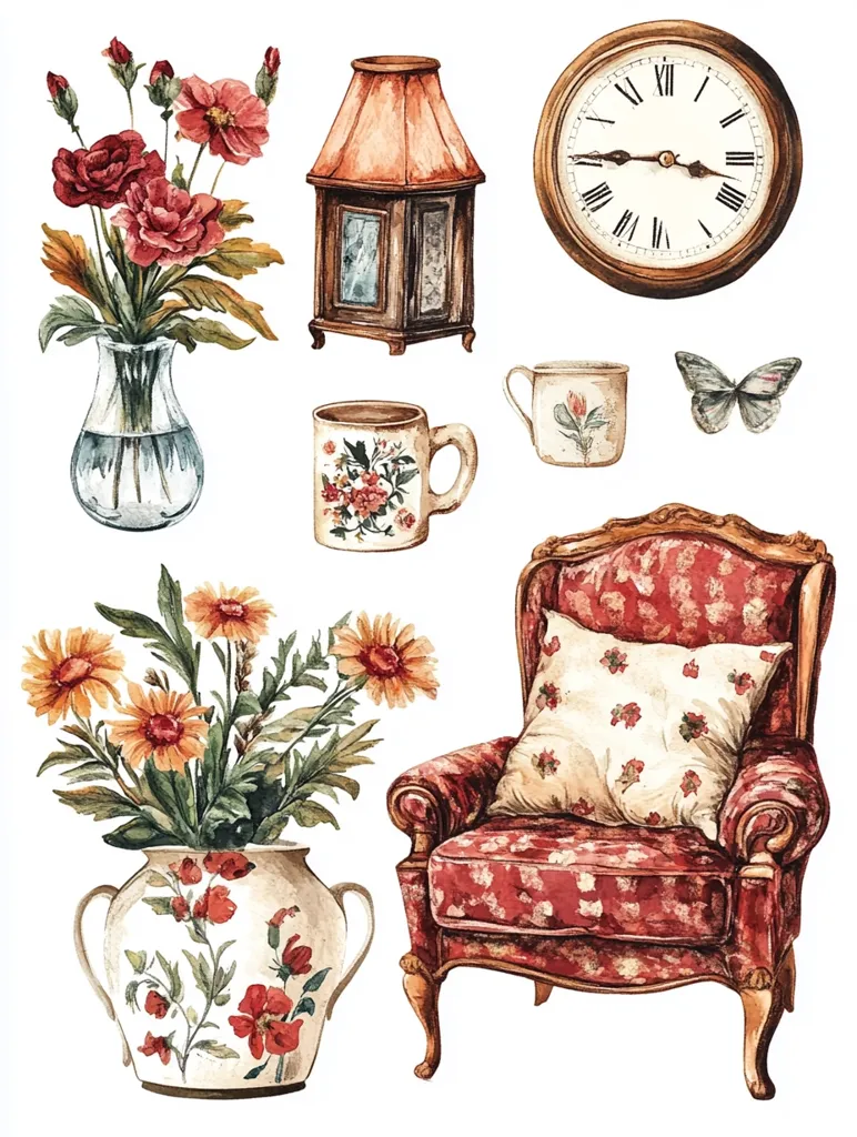 A watercolor illustration featuring a collection of charming home décor items.  Red and orange floral arrangements are displayed in vases, accompanied by a vintage armchair with a floral pattern, an antique clock, a lantern, teacups, and a butterfly. The style evokes a cozy and rustic aesthetic.  The overall palette is warm and inviting.