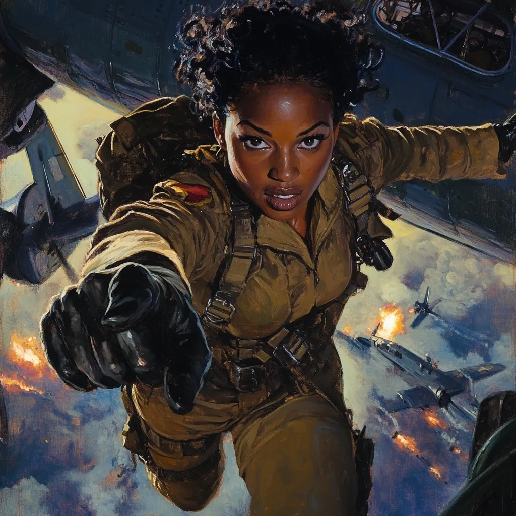 A dynamic close-up depicts a Black female paratrooper in mid-air, her intense gaze directed at the viewer.  She's dressed in a World War II-era military jumpsuit and parachute harness, against a backdrop of aerial combat featuring explosions and fighter planes. Her determined expression and forward-pointing finger create a powerful and dramatic image.