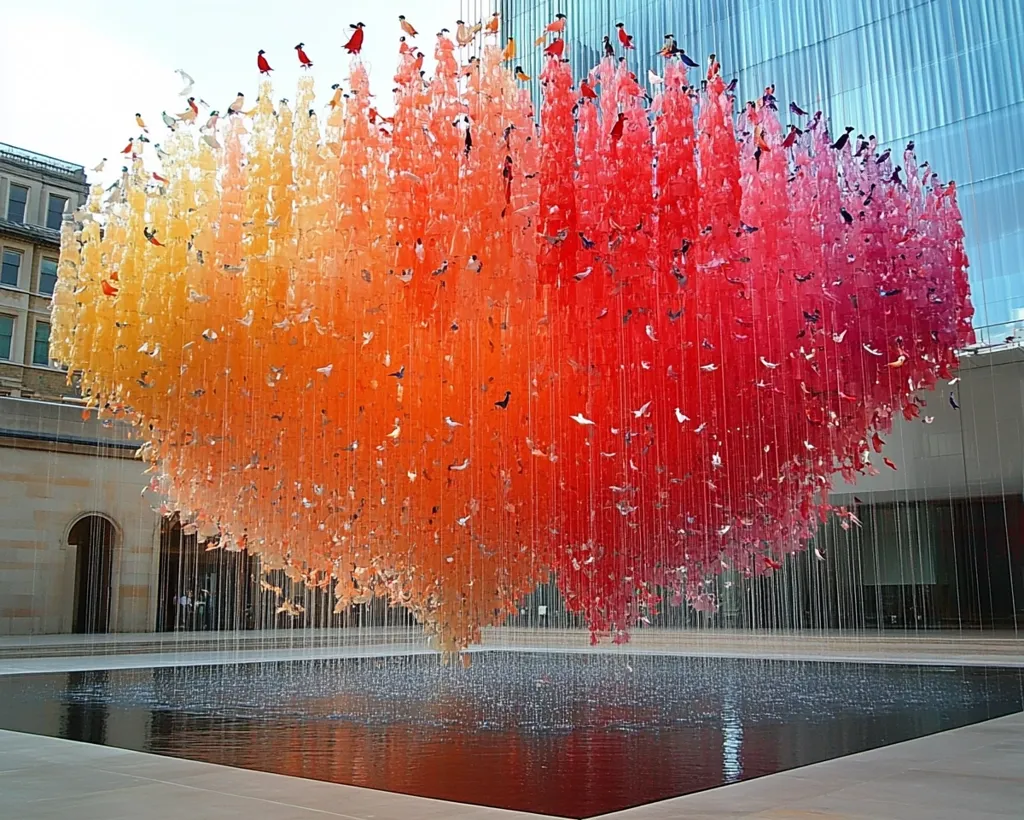 A large-scale art installation features thousands of small, colorful bird-shaped objects suspended from above, creating a cascading effect.  The birds are arranged in a gradient of orange and red hues, gradually darkening towards the bottom.  They hang over a reflecting pool of water, adding to the ethereal and immersive quality of the artwork.  The piece is situated in a modern architectural setting, enhancing the contrast between the natural forms of the birds and the rigid lines of the building.