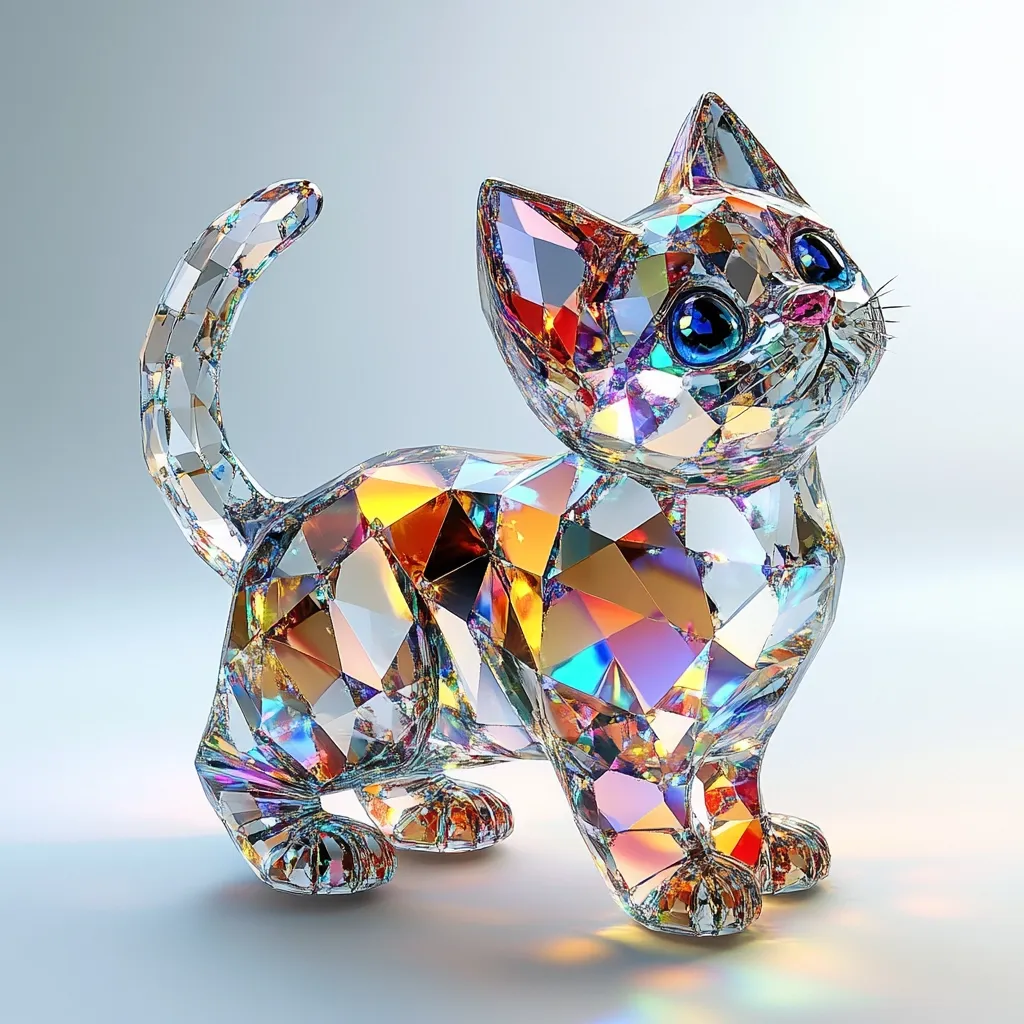 A vibrant, crystalline kitten figurine stands proudly.  Its body is a multifaceted structure of iridescent glass, reflecting a rainbow of colors.  Large, bright blue eyes and a playful posture enhance the charming, almost whimsical, design.  The intricate details, from its curled tail to its tiny paws, showcase the artistry of the piece.  The light catches the facets, creating a dazzling display.
