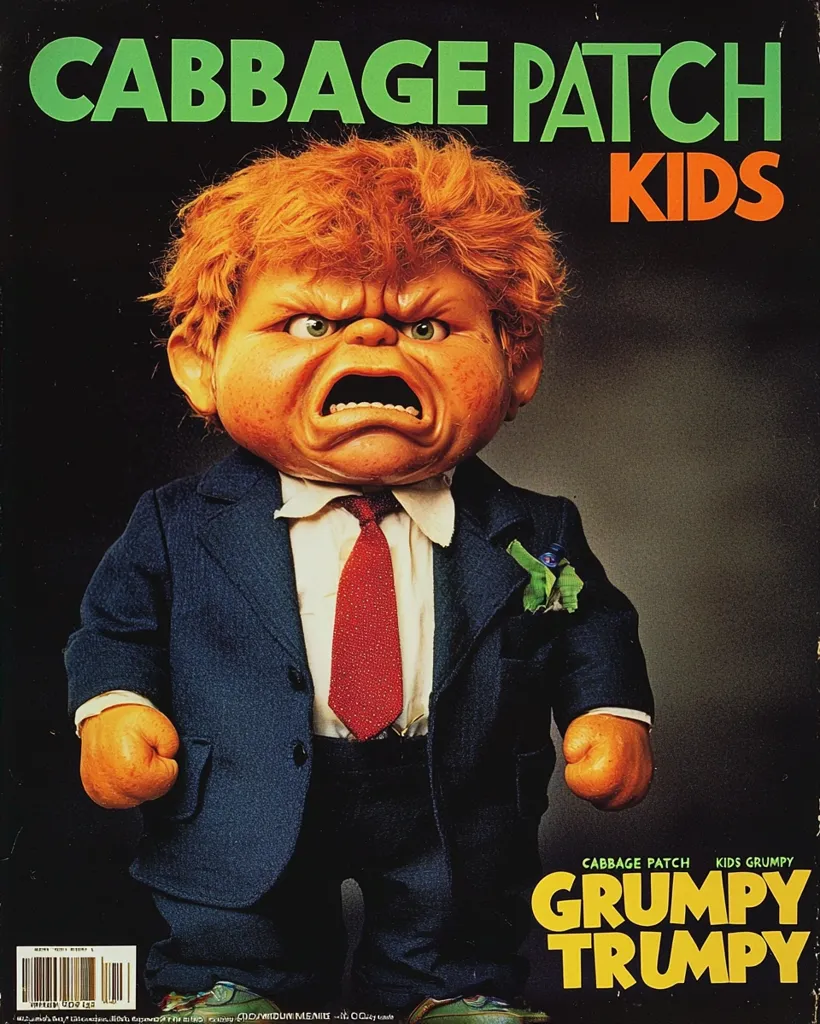 This is a Cabbage Patch Kids album cover featuring Grumpy Trumpy.  The cover shows a grumpy-looking Cabbage Patch Kid doll, with bright orange hair, wearing a dark suit and red tie.  The title "Cabbage Patch Kids Grumpy Trumpy" is prominently displayed, along with the Cabbage Patch Kids logo. The doll's expression is intensely scowling, conveying a sense of displeasure. The overall aesthetic is reminiscent of 1980s children's entertainment.