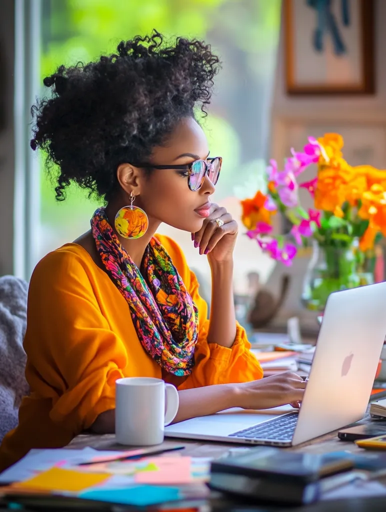A stylish woman with a voluminous afro sits at a desk, working on a laptop. She wears a vibrant orange shirt, a colorful scarf, and large circular earrings.  Sunglasses rest atop her head. A bouquet of bright flowers and a mug sit nearby, adding to the cheerful, productive atmosphere of her workspace.  She thoughtfully touches her chin, seemingly contemplating a project.