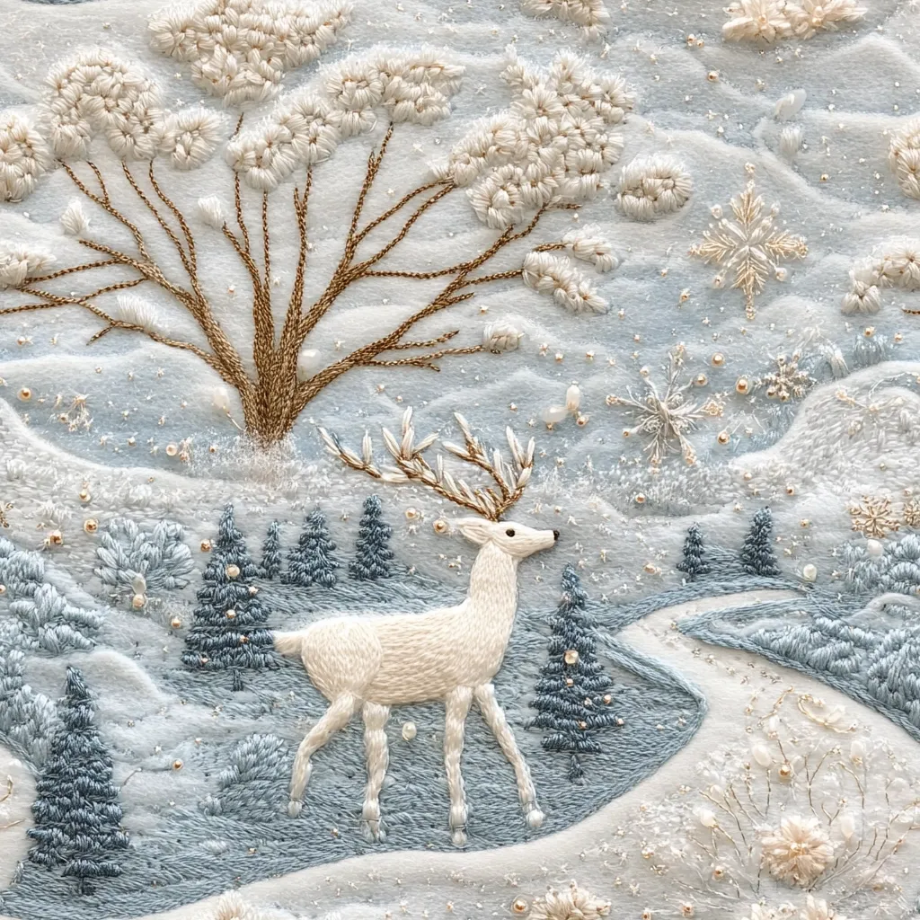 A stunning embroidery depicts a serene winter scene.  A white deer with antlers gracefully walks through a snow-covered landscape, past delicately embroidered evergreens. A golden tree stands prominently, its branches laden with snow, under a sky filled with sparkling snowflakes and beads. The intricate detailing and soft color palette create a peaceful and magical winter wonderland.