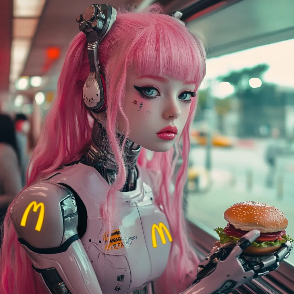 A female android with long pink hair and a robotic body sits on a train, holding a hamburger.  She wears headphones and has markings on her face. The android's robotic arms display the McDonald's logo.  The scene is stylized with a futuristic, cyberpunk aesthetic. The background shows a blurry city view through a train window.