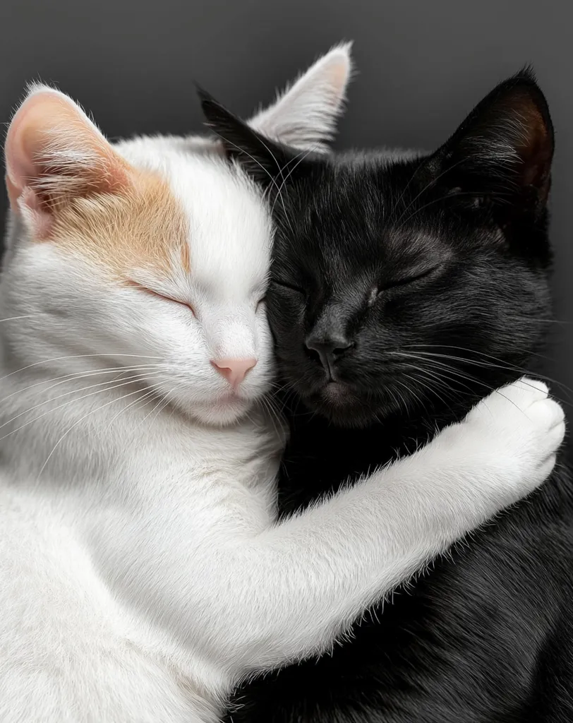 A heartwarming image of two cats embracing. A white cat with orange markings gently wraps its paws around a sleek black cat.  Both cats have their eyes closed, suggesting peaceful slumber or contentment. The contrast of their fur colors creates a visually striking image, symbolizing friendship and companionship. The soft lighting enhances their fluffy textures.