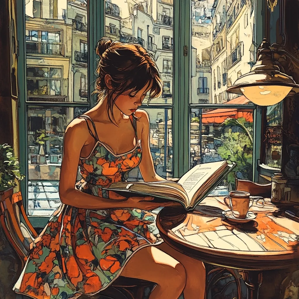 A young woman in a floral sundress sits at a cafe table by a large window, engrossed in a book.  Sunlight streams in, illuminating the Parisian street scene outside.  A cup of coffee sits on the table beside her. The artistic style is painterly and evocative, emphasizing light and shadow. The overall mood is serene and peaceful.