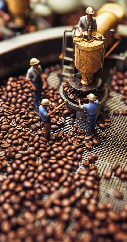 Miniature figures of workers operate a coffee bean processing machine.  The machine is gold-colored and cylindrical, with a mesh screen below to catch the beans.  The workers wear hard hats and appear to be sorting or inspecting the roasted coffee beans, which cover the screen in a rich brown mass.  The scene is detailed and emphasizes the scale of the miniature operation.