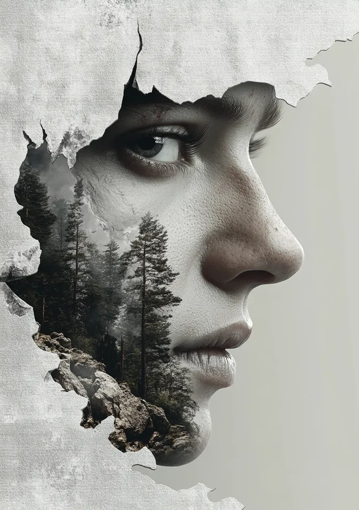 A surreal double exposure image reveals a woman's profile, partially obscured by a cracked, textured surface.  Through the cracks, a serene forest landscape is visible, seamlessly merging with the woman's face. The grayscale palette enhances the moody, contemplative atmosphere, suggesting a connection between inner nature and the external world. The overall effect is striking and evocative.