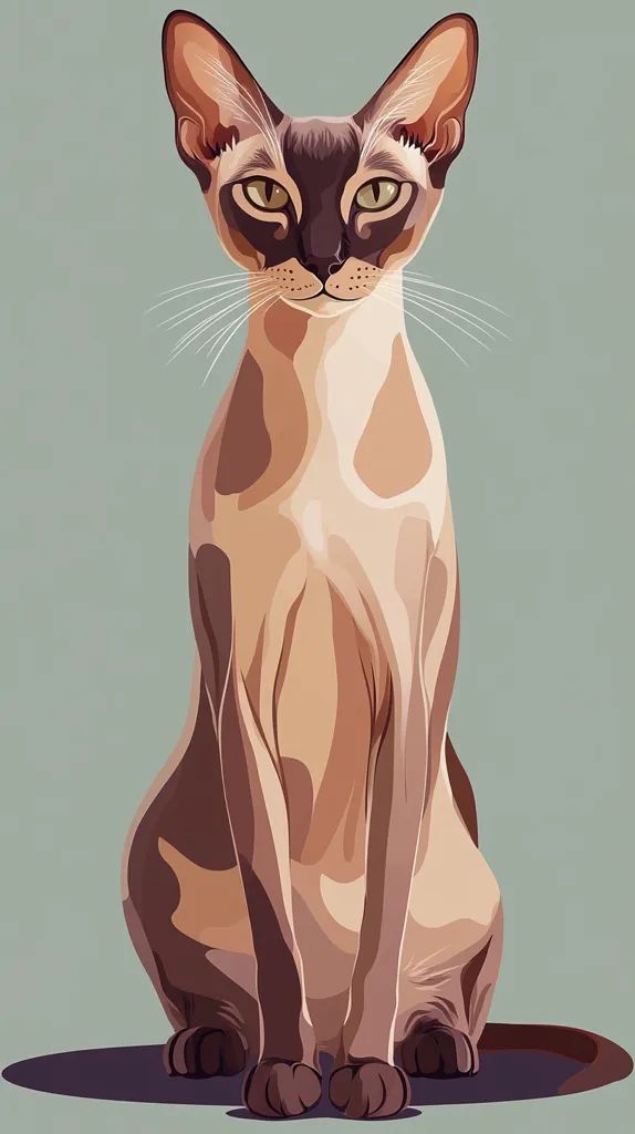 A stylized illustration of a Siamese cat sits facing the viewer.  The cat is depicted in shades of tan and brown, with large, expressive eyes. Its elegant posture and sleek fur are emphasized in the artwork's smooth lines and muted color palette. The background is a soft, muted green.