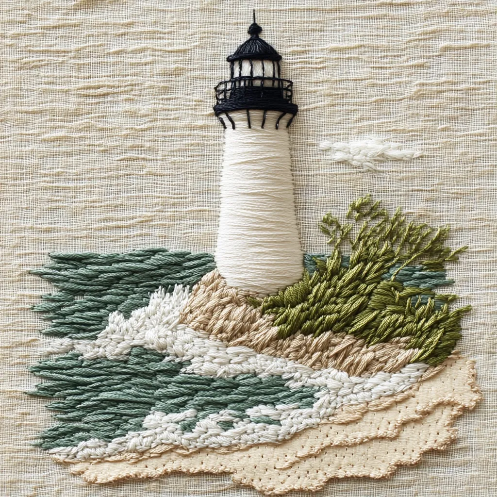A meticulously crafted embroidery depicts a lighthouse standing proudly on a rocky outcrop.  The artist uses a variety of stitches to create texture, showing the waves crashing against the shore and the grassy vegetation surrounding the lighthouse.  The color palette is muted and natural, with creams, greens, and off-whites dominating. The lighthouse itself is rendered in creamy white, with black detailing on the lantern room and railings.  The overall effect is serene and evocative of a coastal scene.