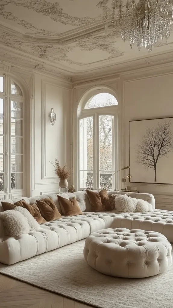 A luxurious living room features a large, off-white sectional sofa adorned with plush brown and white pillows.  A matching tufted ottoman sits in front, grounding the space.  The room boasts ornate white walls, tall arched windows offering a view of trees, and a high ceiling with intricate plasterwork. A minimalist tree artwork hangs on the wall, complementing the overall serene and sophisticated atmosphere.  A crystal chandelier adds a touch of glamour.