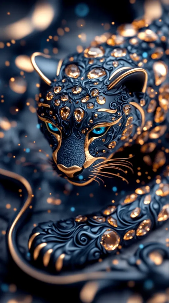 A digital rendering of a majestic jaguar, its coat adorned with intricate gold filigree and sparkling gemstones.  The creature's piercing blue eyes and detailed fur texture create a striking contrast against the dark, almost ethereal background.  A sense of luxury and mystique permeates the image, enhanced by the glittering particles scattered around the jaguar. The overall effect is one of opulence and fantasy.