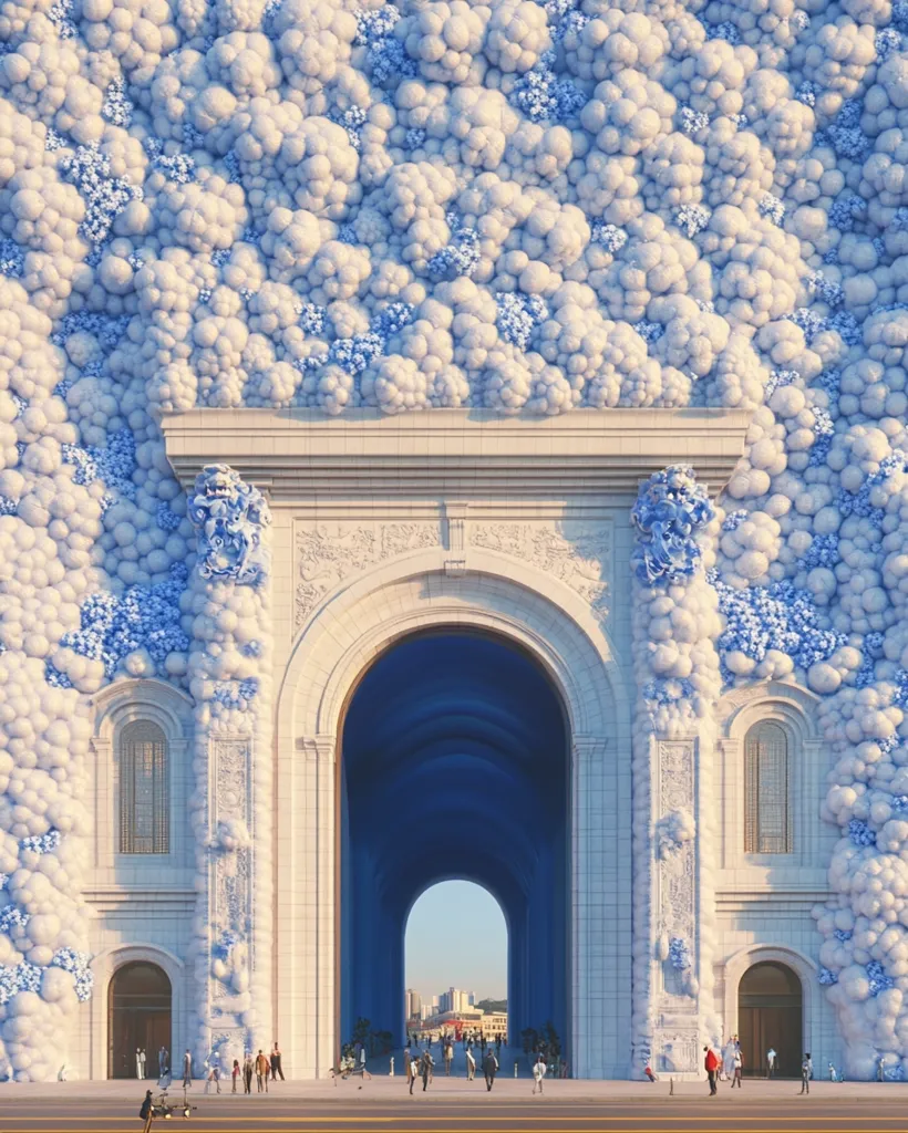 A grand, classical archway is nestled within a fantastical landscape.  The structure, adorned with ornate detailing, is completely enveloped in a dense mass of fluffy, light blue and white spheres, resembling clouds or blossoms.  People stroll on the ground before the arch, which leads to a distant cityscape visible through a receding tunnel of blue. The overall scene is surreal and dreamlike, blending architectural grandeur with an unusual, organic texture.